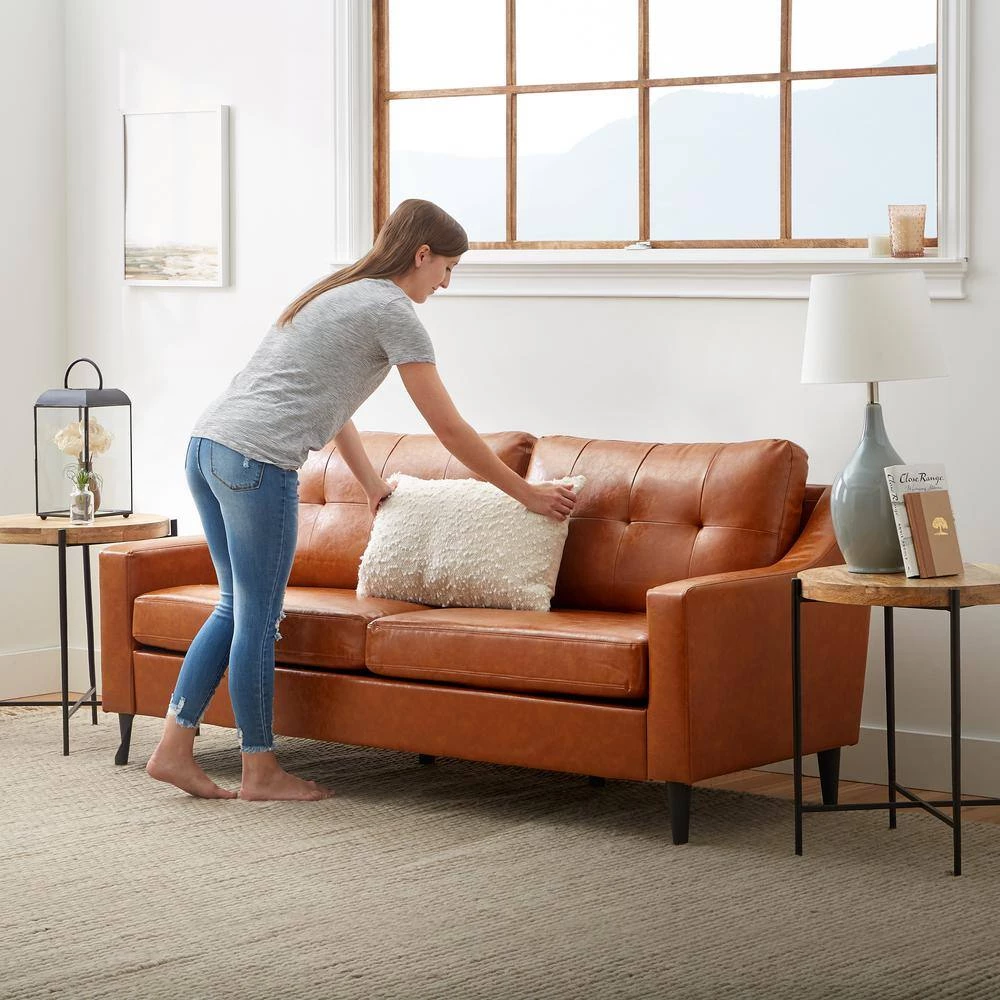 Ellen 75.5 in. Brown Camel Slope Arm Faux Leather Upholstered Straight 3-Seater Sofa by Brookside 10 Ellen 75.5 in. Brown Camel Slope Arm Faux Leather Upholstered Straight 3-Seater Sofa by Brookside - Image 8