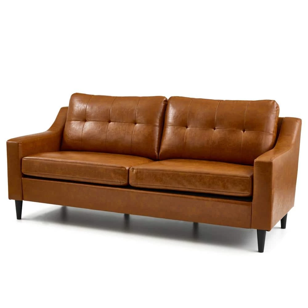 Ellen 75.5 in. Brown Camel Slope Arm Faux Leather Upholstered Straight 3-Seater Sofa by Brookside 4 Ellen 75.5 in. Brown Camel Slope Arm Faux Leather Upholstered Straight 3-Seater Sofa by Brookside - Image 2