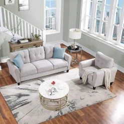 79.9 in. W Round Arm Linen Straight Sofas Living Room Set in Light Gray (2-Piece) by Polibi