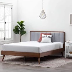 Ivy Queen Gray and Oak Wood Platform Bed Frame with Upholstered Vertical Channel Headboard by Brookside