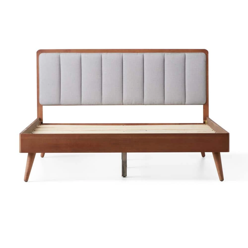 Ivy Queen Gray and Oak Wood Platform Bed Frame with Upholstered Vertical Channel Headboard by Brookside 4 Ivy Queen Gray and Oak Wood Platform Bed Frame with Upholstered Vertical Channel Headboard by Brookside - Image 2