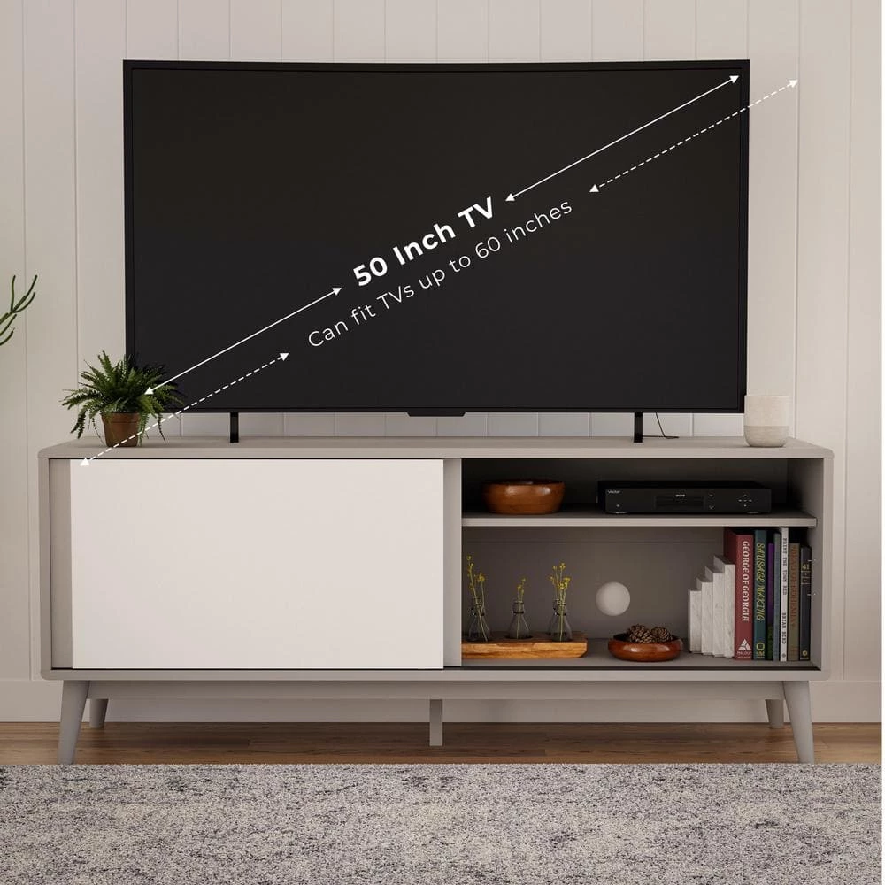 Madison 58 in. Gray and White Mid Century Modern TV Stand Fits TV's up to 65 in. with Sliding Doors by Brookside 9 Madison 58 in. Gray and White Mid Century Modern TV Stand Fits TV's up to 65 in. with Sliding Doors by Brookside - Image 7