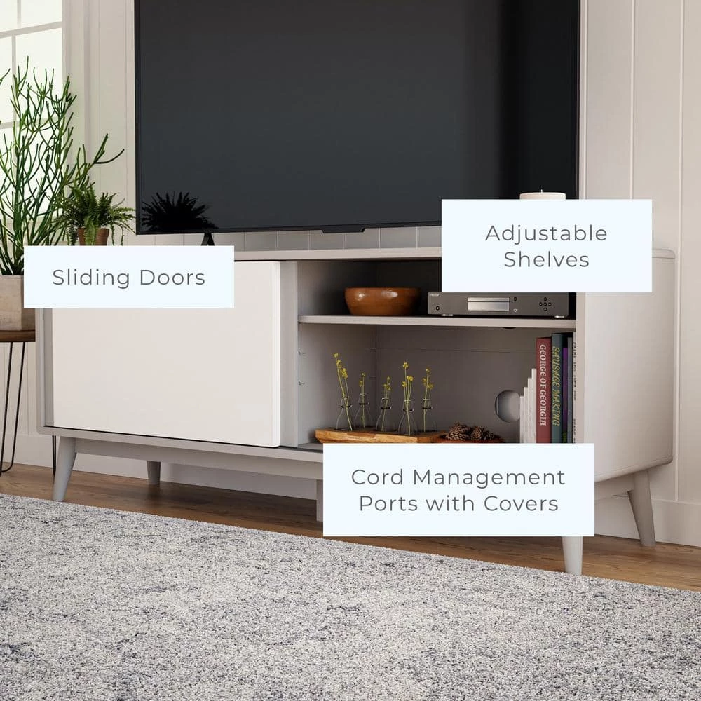 Madison 58 in. Gray and White Mid Century Modern TV Stand Fits TV's up to 65 in. with Sliding Doors by Brookside 8 Madison 58 in. Gray and White Mid Century Modern TV Stand Fits TV's up to 65 in. with Sliding Doors by Brookside - Image 6