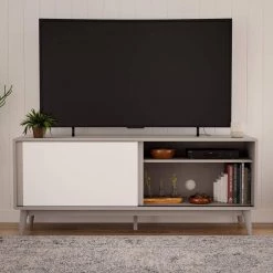Madison 58 in. Gray and White Mid Century Modern TV Stand Fits TV's up to 65 in. with Sliding Doors by Brookside