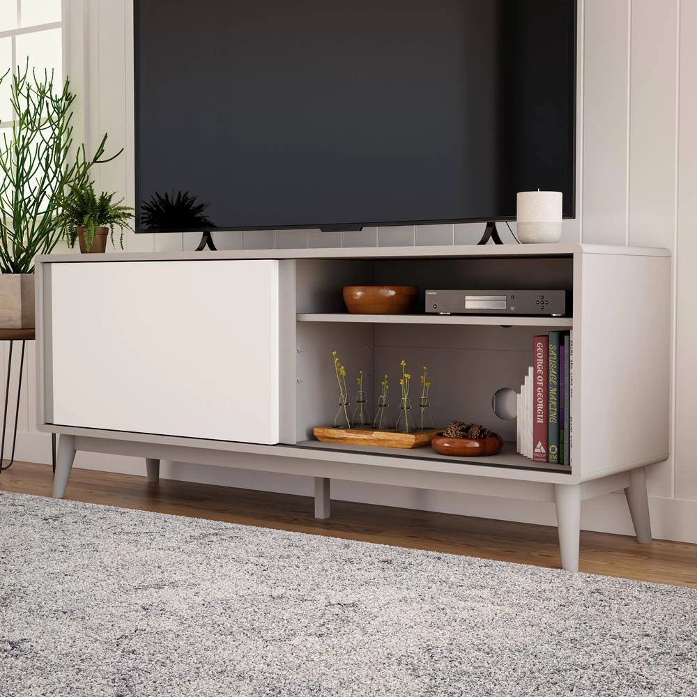 Madison 58 in. Gray and White Mid Century Modern TV Stand Fits TV's up to 65 in. with Sliding Doors by Brookside 6 Madison 58 in. Gray and White Mid Century Modern TV Stand Fits TV's up to 65 in. with Sliding Doors by Brookside - Image 4