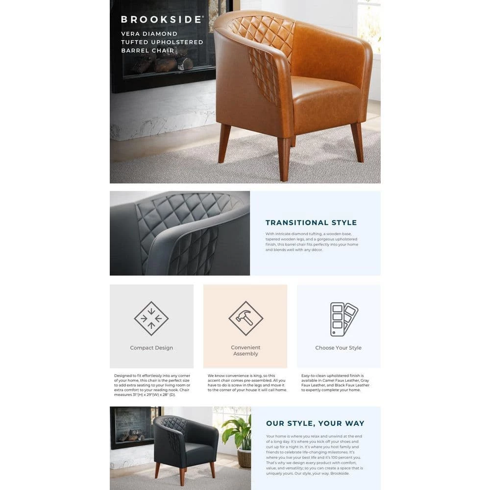 Vera Gray Faux Leather Upholstered Barrel Accent Chair by Brookside 6 Vera Gray Faux Leather Upholstered Barrel Accent Chair by Brookside - Image 4