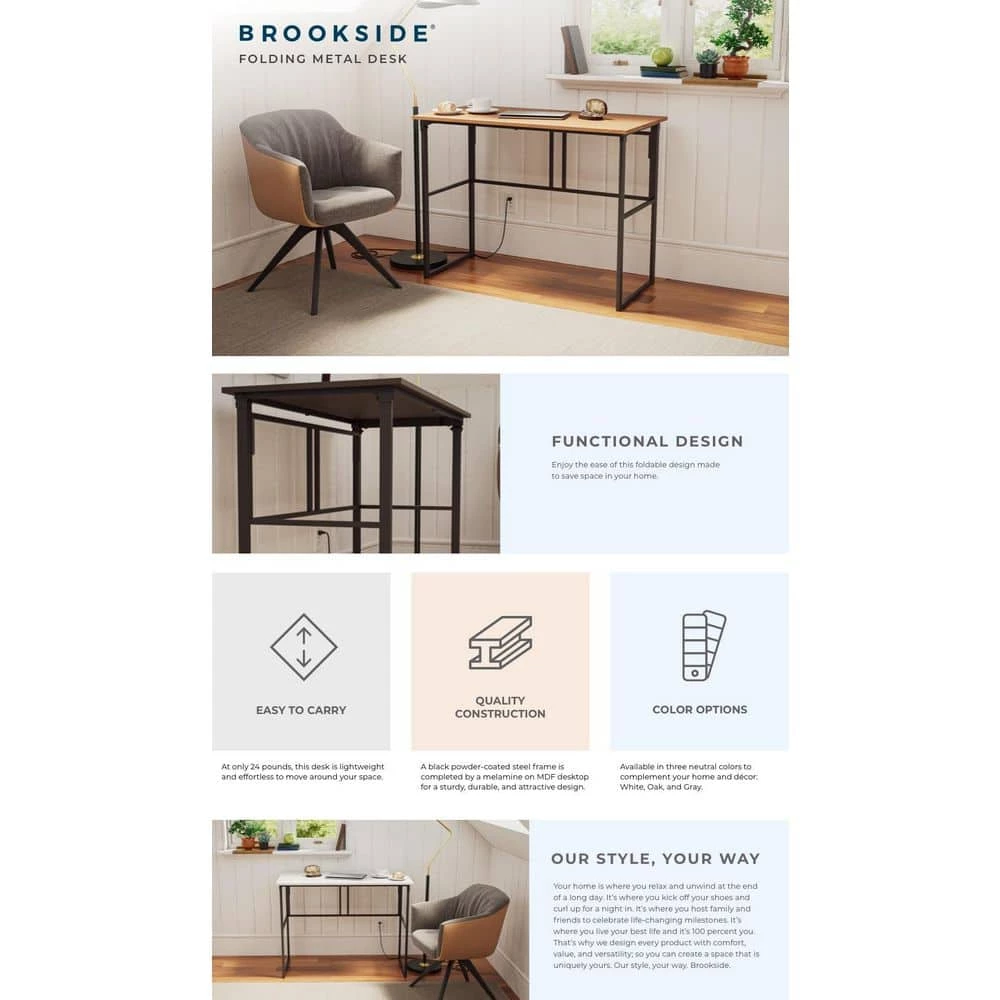 Delia 39.4 in. Rectangular Gray Metal Computer Desk with Folding Legs by Brookside 5 Delia 39.4 in. Rectangular Gray Metal Computer Desk with Folding Legs by Brookside - Image 3