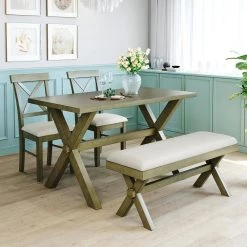 4 Pieces Gray Green Farmhouse Rustic Wood Dining Table Set with 2 Cross Back Chairs and Bench by Polibi 23 4 Pieces Gray Green Farmhouse Rustic Wood Dining Table Set with 2 Cross Back Chairs and Bench by Polibi -Cheap sumyeg Store gray green polibi dining room sets cb 4pfrdt gg 31 1000