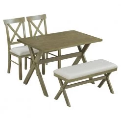 4 Pieces Gray Green Farmhouse Rustic Wood Dining Table Set with 2 Cross Back Chairs and Bench by Polibi