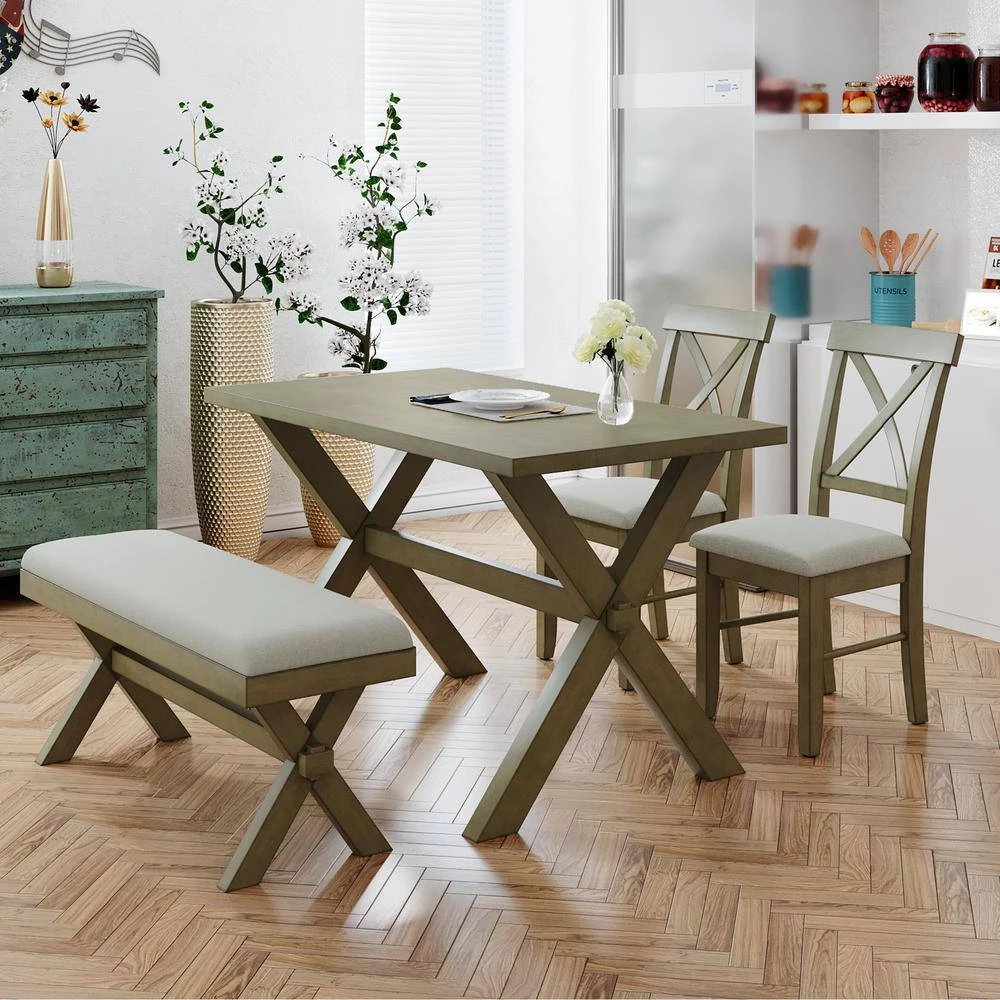 4 Pieces Gray Green Farmhouse Rustic Wood Dining Table Set with 2 Cross Back Chairs and Bench by Polibi 4 4 Pieces Gray Green Farmhouse Rustic Wood Dining Table Set with 2 Cross Back Chairs and Bench by Polibi - Image 2