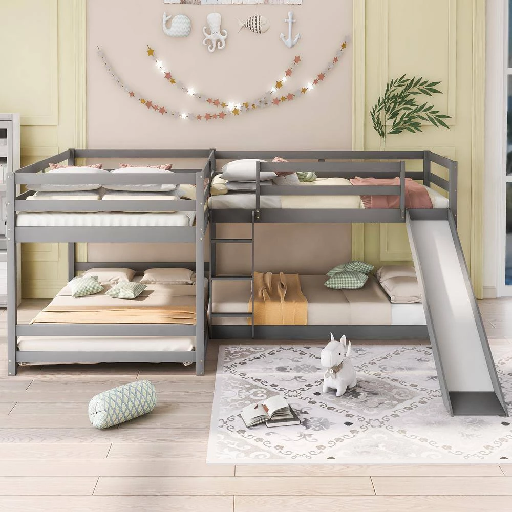 Modern Gray Full and Twin Size L-Shaped Bunk Bed with Slide and Short Ladder by Polibi 10 Modern Gray Full and Twin Size L-Shaped Bunk Bed with Slide and Short Ladder by Polibi - Image 9