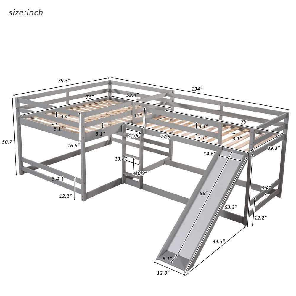 Modern Gray Full and Twin Size L-Shaped Bunk Bed with Slide and Short Ladder by Polibi 4 Modern Gray Full and Twin Size L-Shaped Bunk Bed with Slide and Short Ladder by Polibi - Image 3