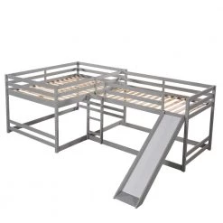 Modern Gray Full and Twin Size L-Shaped Bunk Bed with Slide and Short Ladder by Polibi