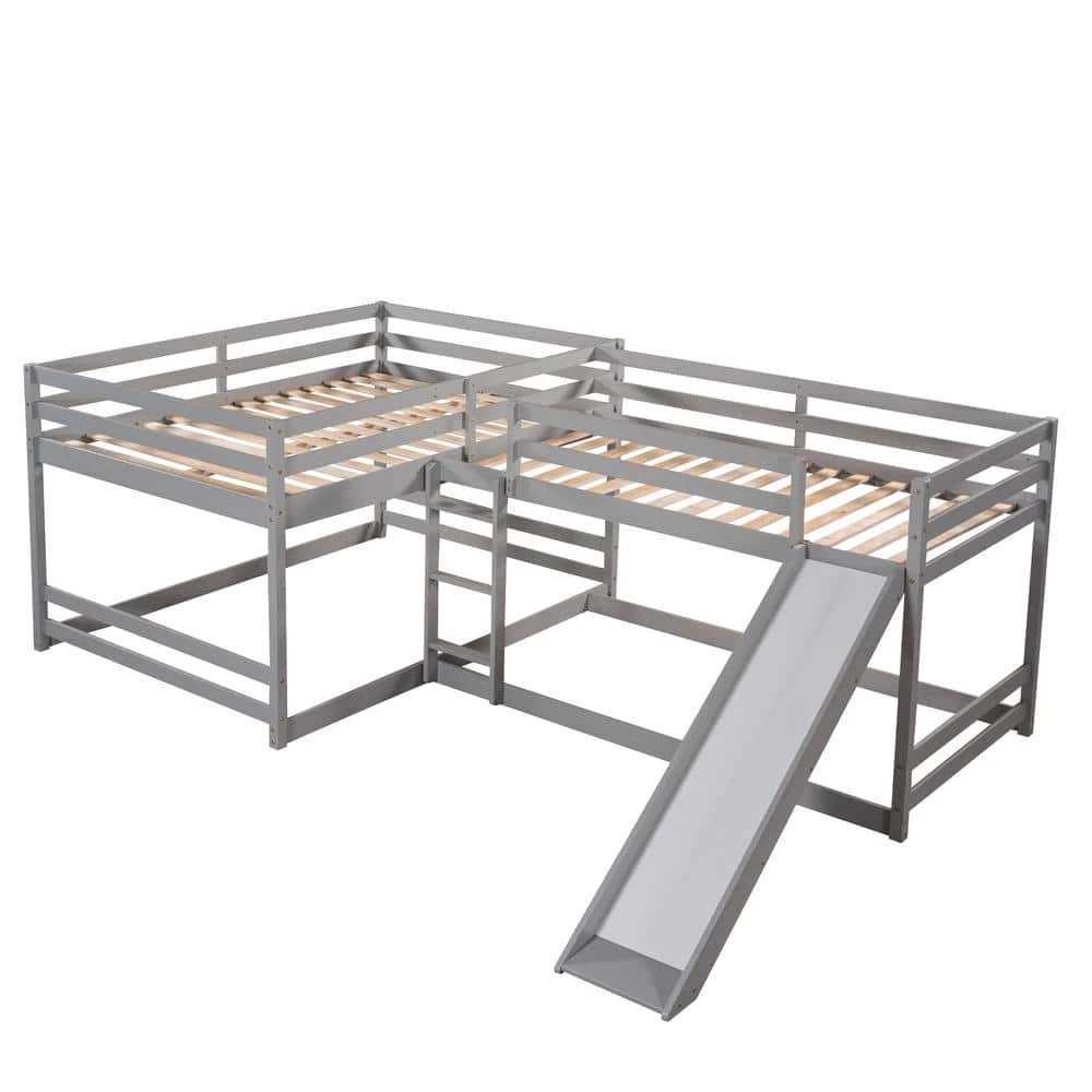 Modern Gray Full and Twin Size L-Shaped Bunk Bed with Slide and Short Ladder by Polibi 2 Modern Gray Full and Twin Size L-Shaped Bunk Bed with Slide and Short Ladder by Polibi