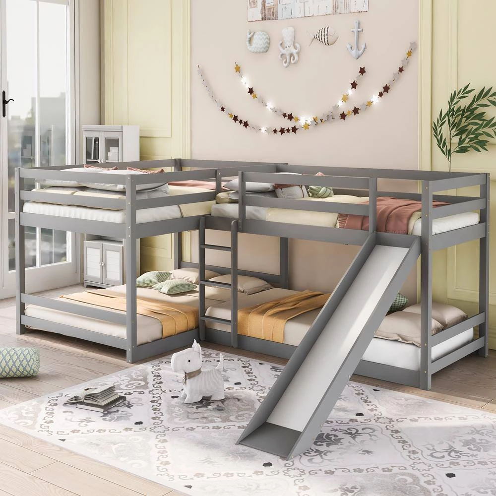 Modern Gray Full and Twin Size L-Shaped Bunk Bed with Slide and Short Ladder by Polibi 3 Modern Gray Full and Twin Size L-Shaped Bunk Bed with Slide and Short Ladder by Polibi - Image 2