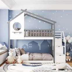 Stairway House Style Twin Over Twin Gray Bunk Bed with Storage and Guard Rail by Polibi 19 Stairway House Style Twin Over Twin Gray Bunk Bed with Storage and Guard Rail by Polibi -Cheap sumyeg Store gray polibi bunk beds mb shsnbb g 31 1000