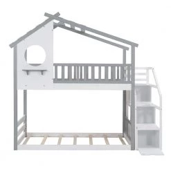 Stairway House Style Twin Over Twin Gray Bunk Bed with Storage and Guard Rail by Polibi