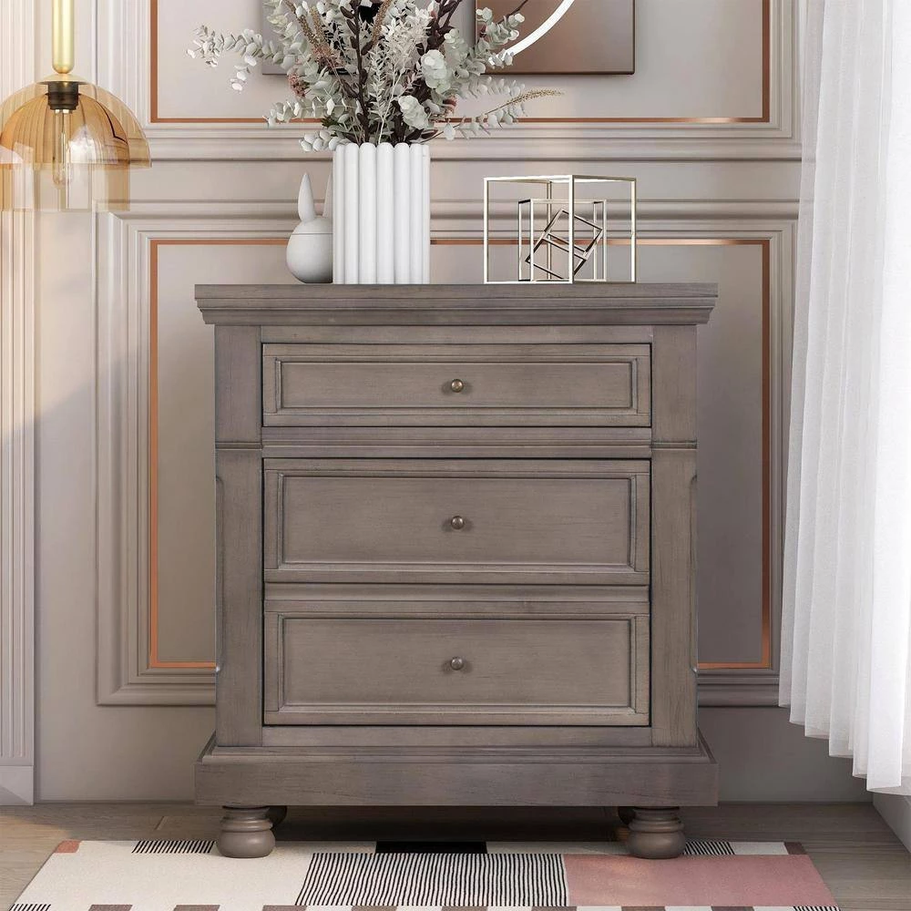 Gray Retro Style Nightstand with 3 Drawers 27.56 in. W x 15.7 in. D x 29.9 in. H by Polibi 12 Gray Retro Style Nightstand with 3 Drawers 27.56 in. W x 15.7 in. D x 29.9 in. H by Polibi - Image 10