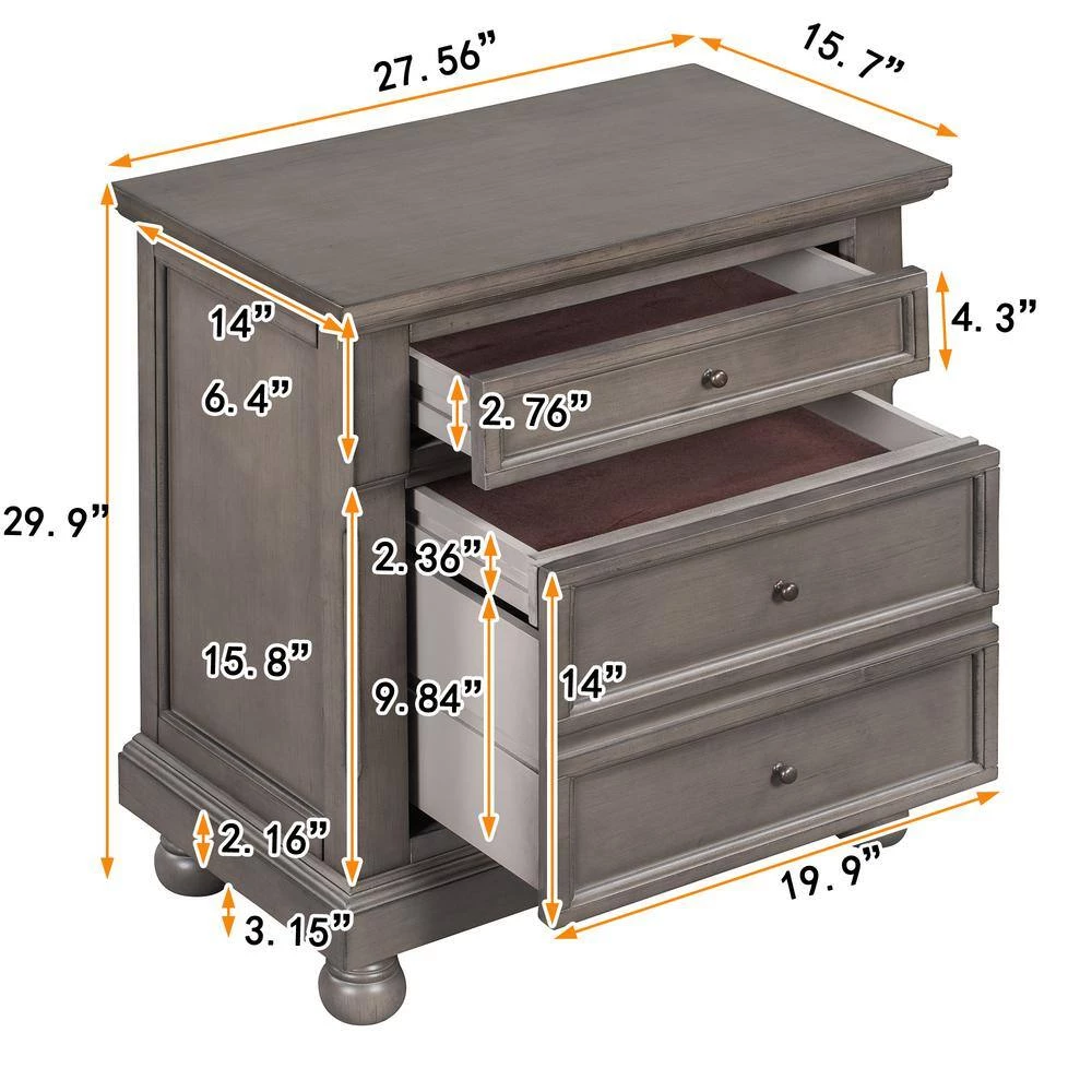 Gray Retro Style Nightstand with 3 Drawers 27.56 in. W x 15.7 in. D x 29.9 in. H by Polibi 5 Gray Retro Style Nightstand with 3 Drawers 27.56 in. W x 15.7 in. D x 29.9 in. H by Polibi - Image 3