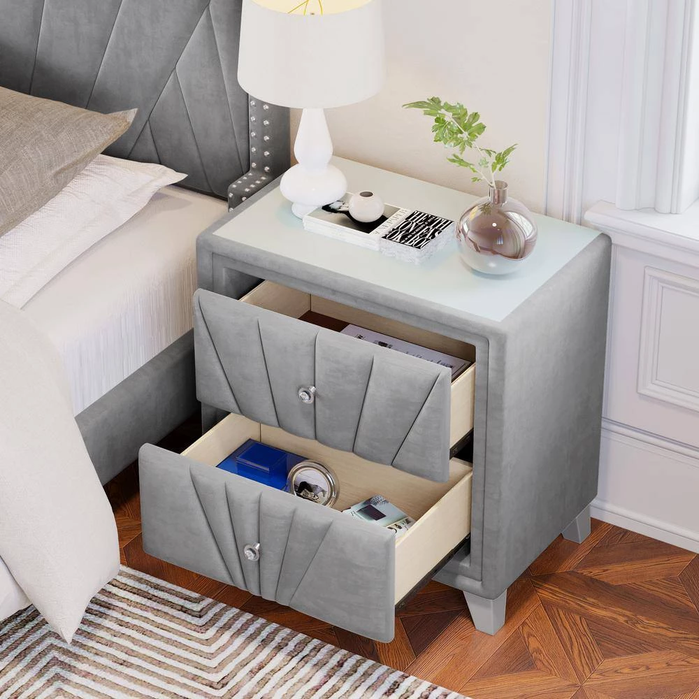 Gray Velvet Upholstered Solid Wood Nightstand, End table with 2 Drawers(26.70 in. W x 17.00 in. D x 28.00 in. H) by Polibi 11 Gray Velvet Upholstered Solid Wood Nightstand, End table with 2 Drawers(26.70 in. W x 17.00 in. D x 28.00 in. H) by Polibi - Image 9