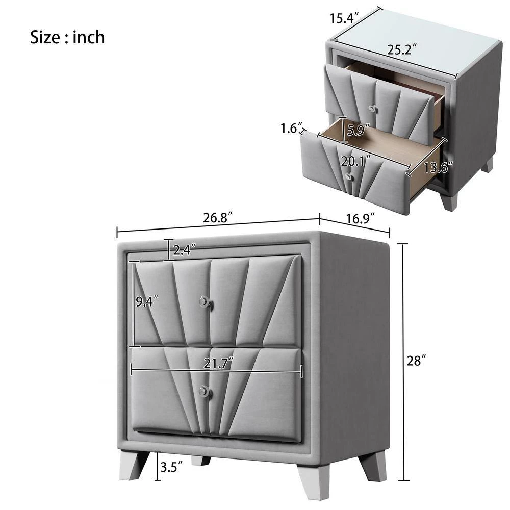 Gray Velvet Upholstered Solid Wood Nightstand, End table with 2 Drawers(26.70 in. W x 17.00 in. D x 28.00 in. H) by Polibi 5 Gray Velvet Upholstered Solid Wood Nightstand, End table with 2 Drawers(26.70 in. W x 17.00 in. D x 28.00 in. H) by Polibi - Image 3