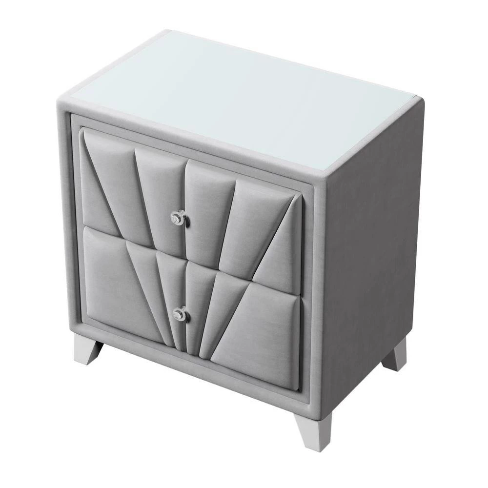 Gray Velvet Upholstered Solid Wood Nightstand, End table with 2 Drawers(26.70 in. W x 17.00 in. D x 28.00 in. H) by Polibi 8 Gray Velvet Upholstered Solid Wood Nightstand, End table with 2 Drawers(26.70 in. W x 17.00 in. D x 28.00 in. H) by Polibi - Image 6