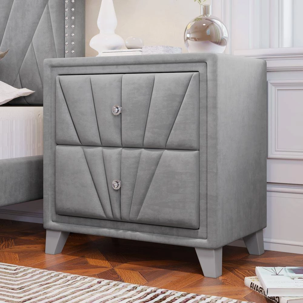 Gray Velvet Upholstered Solid Wood Nightstand, End table with 2 Drawers(26.70 in. W x 17.00 in. D x 28.00 in. H) by Polibi 4 Gray Velvet Upholstered Solid Wood Nightstand, End table with 2 Drawers(26.70 in. W x 17.00 in. D x 28.00 in. H) by Polibi - Image 2