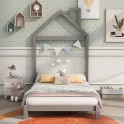 42.30 in. W Twin Size Wood Platform Bed in Gray with House-shaped Headboard by Polibi 21 42.30 in. W Twin Size Wood Platform Bed in Gray with House-shaped Headboard by Polibi -Cheap sumyeg Store gray polibi platform beds rs twpbhh gy 31 1000