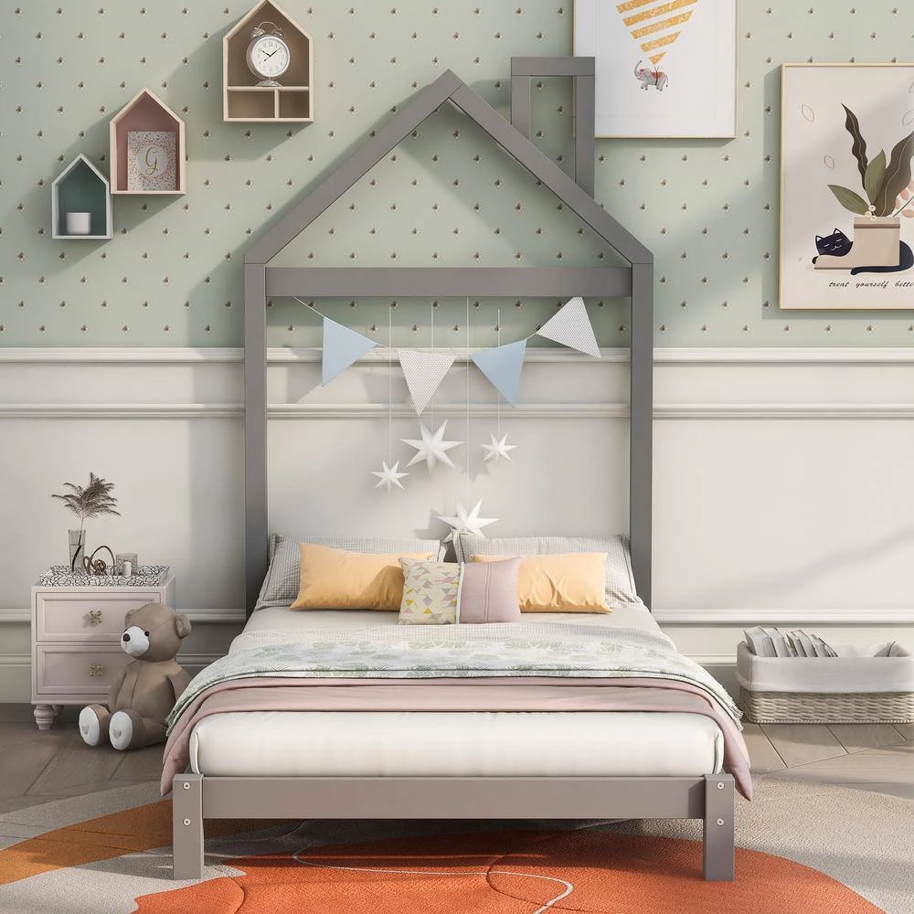 42.30 in. W Twin Size Wood Platform Bed in Gray with House-shaped Headboard by Polibi 12 42.30 in. W Twin Size Wood Platform Bed in Gray with House-shaped Headboard by Polibi - Image 10