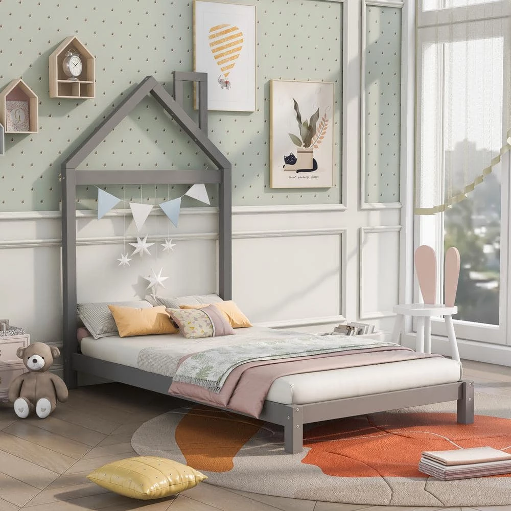 42.30 in. W Twin Size Wood Platform Bed in Gray with House-shaped Headboard by Polibi 4 42.30 in. W Twin Size Wood Platform Bed in Gray with House-shaped Headboard by Polibi - Image 2