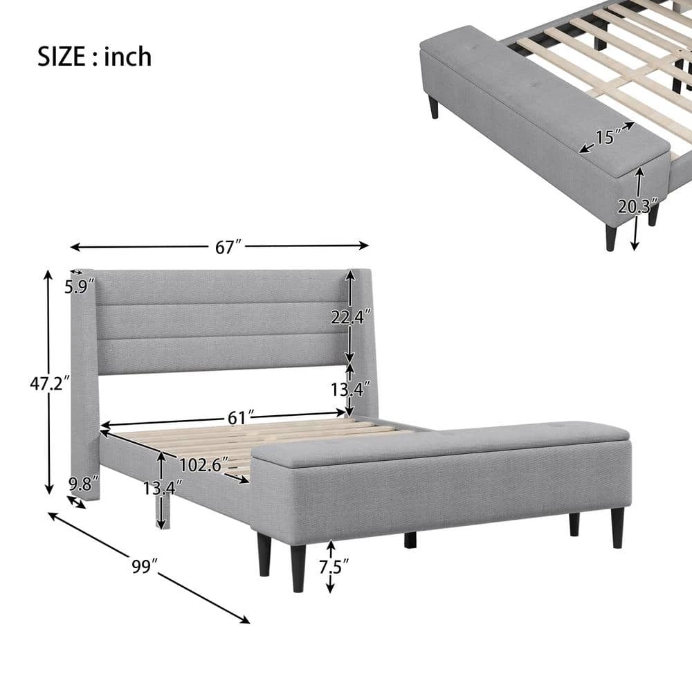 67.00 in. W Gray Upholstered Queen Bed Frame with Headboard and Storage Ottoman Bench by Polibi 5 67.00 in. W Gray Upholstered Queen Bed Frame with Headboard and Storage Ottoman Bench by Polibi - Image 3