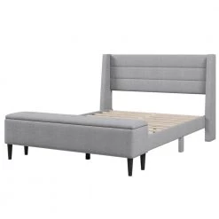 67.00 in. W Gray Upholstered Queen Bed Frame with Headboard and Storage Ottoman Bench by Polibi