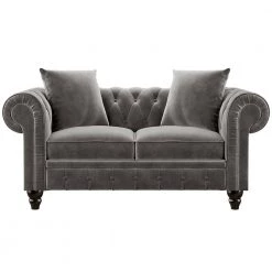 63 in. W Rolled Arm Velvet Classic Chesterfield Loveseat Straight Deep Button Tufted Sofa in Gray with 2-Pillows by Polibi