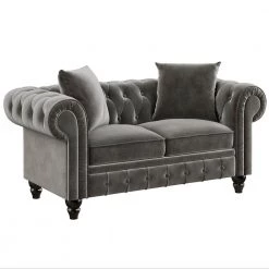 63 in. W Rolled Arm Velvet Classic Chesterfield Loveseat Straight Deep Button Tufted Sofa in Gray with 2-Pillows by Polibi -Cheap sumyeg Store gray polibi sofas couches cb graccs to 66 1000