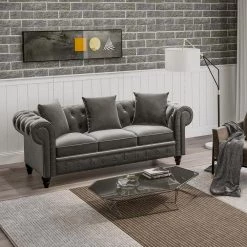 80 in. W Rolled Arm Velvet Classic Chesterfield Straight Deep Button Tufted Sofa in Gray with 3-Pillows by Polibi 19 80 in. W Rolled Arm Velvet Classic Chesterfield Straight Deep Button Tufted Sofa in Gray with 3-Pillows by Polibi -Cheap sumyeg Store gray polibi sofas couches cb graccs tr 31 1000
