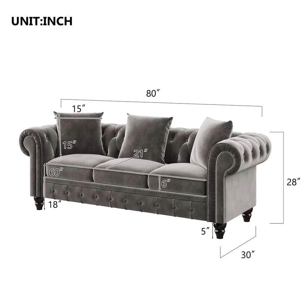 80 in. W Rolled Arm Velvet Classic Chesterfield Straight Deep Button Tufted Sofa in Gray with 3-Pillows by Polibi 5 80 in. W Rolled Arm Velvet Classic Chesterfield Straight Deep Button Tufted Sofa in Gray with 3-Pillows by Polibi - Image 3
