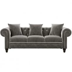 80 in. W Rolled Arm Velvet Classic Chesterfield Straight Deep Button Tufted Sofa in Gray with 3-Pillows by Polibi