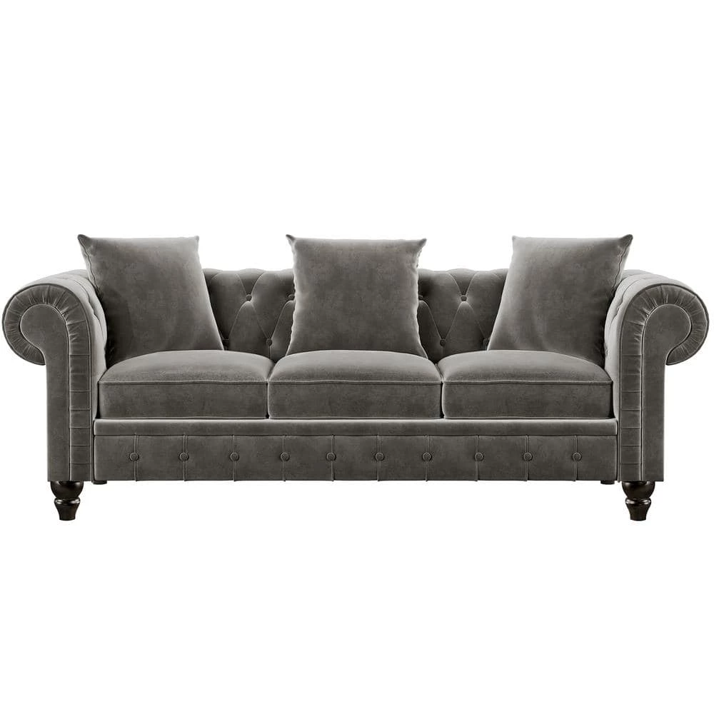80 in. W Rolled Arm Velvet Classic Chesterfield Straight Deep Button Tufted Sofa in Gray with 3-Pillows by Polibi 3 80 in. W Rolled Arm Velvet Classic Chesterfield Straight Deep Button Tufted Sofa in Gray with 3-Pillows by Polibi