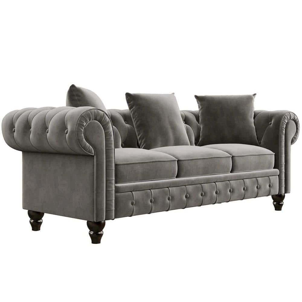 80 in. W Rolled Arm Velvet Classic Chesterfield Straight Deep Button Tufted Sofa in Gray with 3-Pillows by Polibi 10 80 in. W Rolled Arm Velvet Classic Chesterfield Straight Deep Button Tufted Sofa in Gray with 3-Pillows by Polibi - Image 8