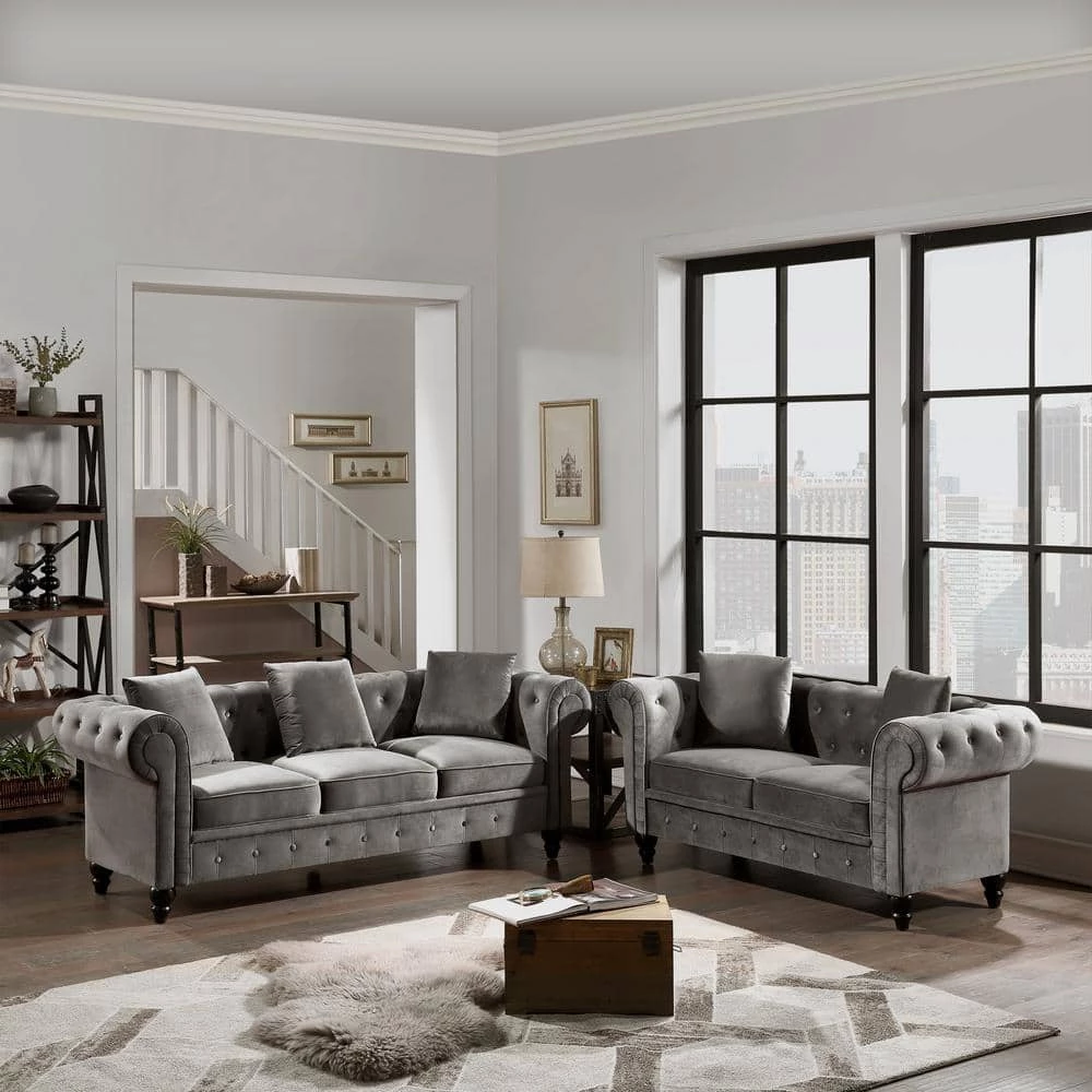 63" & 80" Rolled Arm Velvet Chesterfield Button Tufted Low Back Straight Sofa with 5 Pillows in Gray (2 Pieces) by Polibi 3 63" & 80" Rolled Arm Velvet Chesterfield Button Tufted Low Back Straight Sofa with 5 Pillows in Gray (2 Pieces) by Polibi