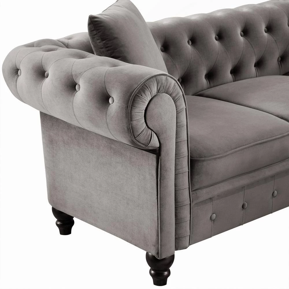 63" & 80" Rolled Arm Velvet Chesterfield Button Tufted Low Back Straight Sofa with 5 Pillows in Gray (2 Pieces) by Polibi 7 63" & 80" Rolled Arm Velvet Chesterfield Button Tufted Low Back Straight Sofa with 5 Pillows in Gray (2 Pieces) by Polibi - Image 5