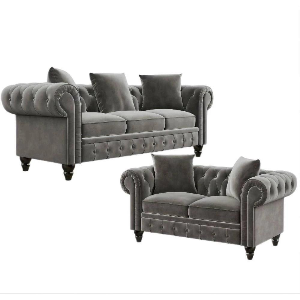 63" & 80" Rolled Arm Velvet Chesterfield Button Tufted Low Back Straight Sofa with 5 Pillows in Gray (2 Pieces) by Polibi 4 63" & 80" Rolled Arm Velvet Chesterfield Button Tufted Low Back Straight Sofa with 5 Pillows in Gray (2 Pieces) by Polibi - Image 2