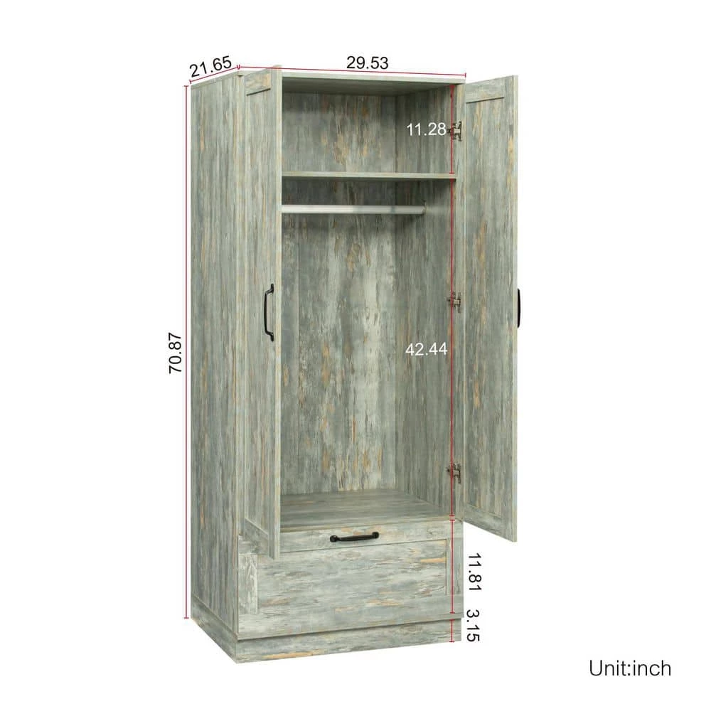 29.53 in. x 21.65 in. x 70.87 in. Grey Wood Wardrobe Armoires Kitchen Storage Cabinet with 2-Doors and 1-Drawer by sumyeg 12 29.53 in. x 21.65 in. x 70.87 in. Grey Wood Wardrobe Armoires Kitchen Storage Cabinet with 2-Doors and 1-Drawer by sumyeg - Image 10