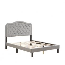 Curve Design Gray Queen Velvet Bed Frame Button Tufted Platform Bed by sumyeg