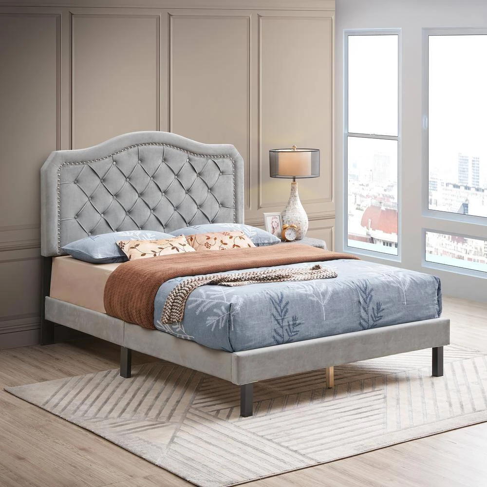 Curve Design Gray Queen Velvet Bed Frame Button Tufted Platform Bed by sumyeg 4 Curve Design Gray Queen Velvet Bed Frame Button Tufted Platform Bed by sumyeg - Image 2