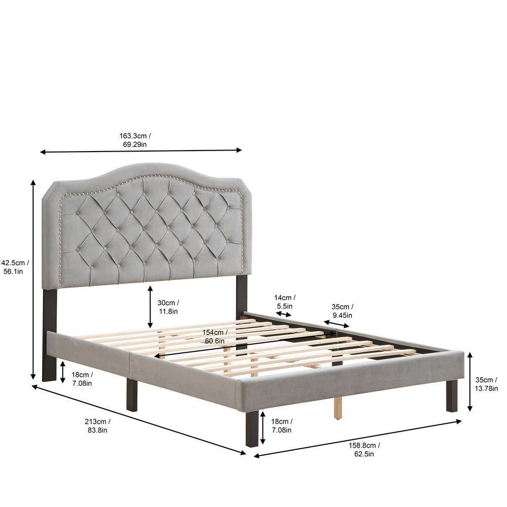 Curve Design Gray Queen Velvet Bed Frame Button Tufted Platform Bed by sumyeg 11 Curve Design Gray Queen Velvet Bed Frame Button Tufted Platform Bed by sumyeg - Image 9