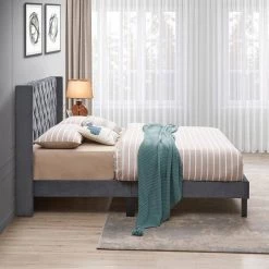 Wings Design Gray Queen Velvet Button Tufted Platform Bed Frame With Headboard by sumyeg -Cheap sumyeg Store gray sumyeg platform beds sy w03014 31 1000