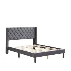 Wings Design Gray Queen Velvet Button Tufted Platform Bed Frame With Headboard by sumyeg