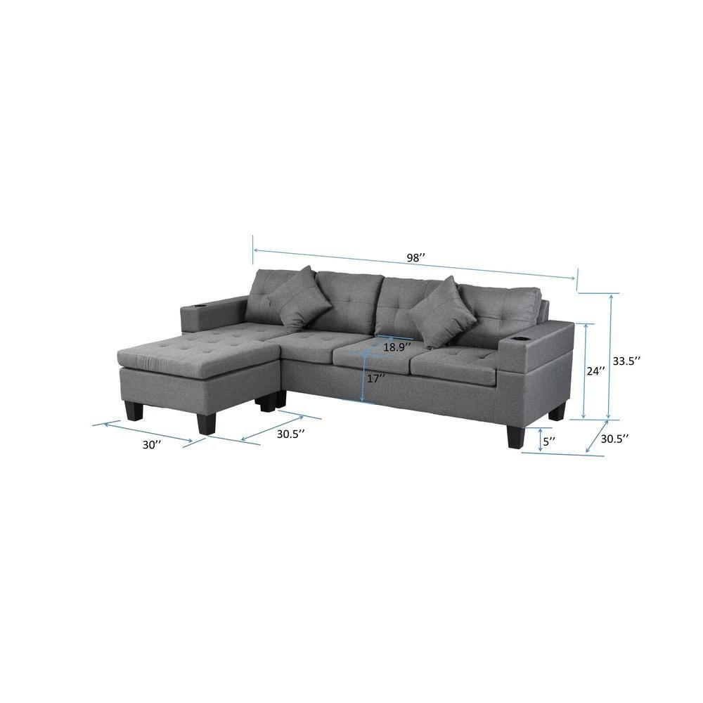 Modern 30.5 in. 4-Seater L Shaped Left or Right Facing Chaise Lounge Fabric Sectional Sofa Set in Gray With Cup Holder by sumyeg 8 Modern 30.5 in. 4-Seater L Shaped Left or Right Facing Chaise Lounge Fabric Sectional Sofa Set in Gray With Cup Holder by sumyeg - Image 6