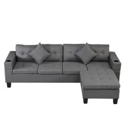 Modern 30.5 in. 4-Seater L Shaped Left or Right Facing Chaise Lounge Fabric Sectional Sofa Set in Gray With Cup Holder by sumyeg